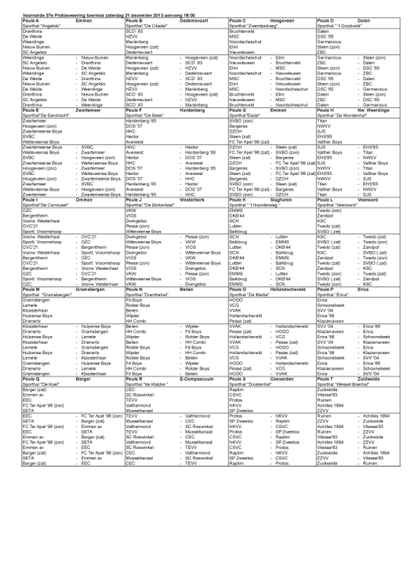 Indeling Protos Wering Zaalvoetbaltoernooi 2013-2014